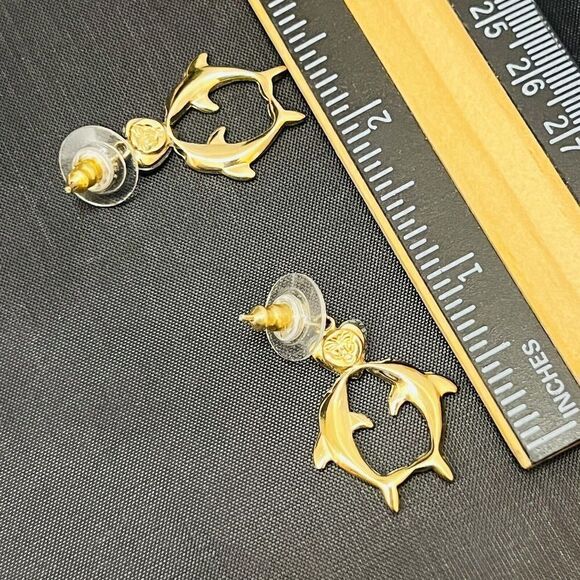 Vintage Weekenders Paua Shell Kissing Dolphins Heart Dangle Earrings Gold 1445 - Picture 9 of 10